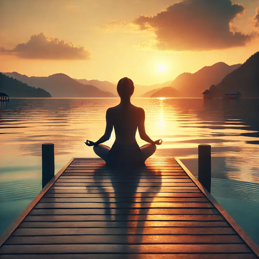woman meditating on a dock on a lake